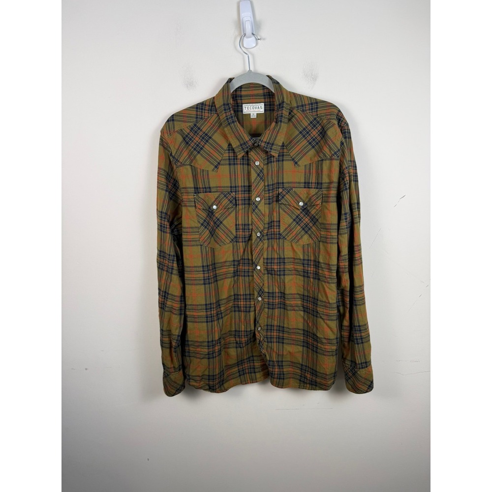 Tecovas Mens XL Pearl Snap Western Shirt Plaid Cotton Olive Navy Orange Long Slv